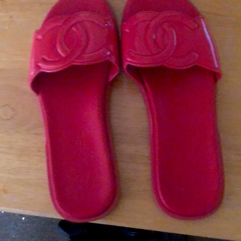 Chanel Red Patent Slides